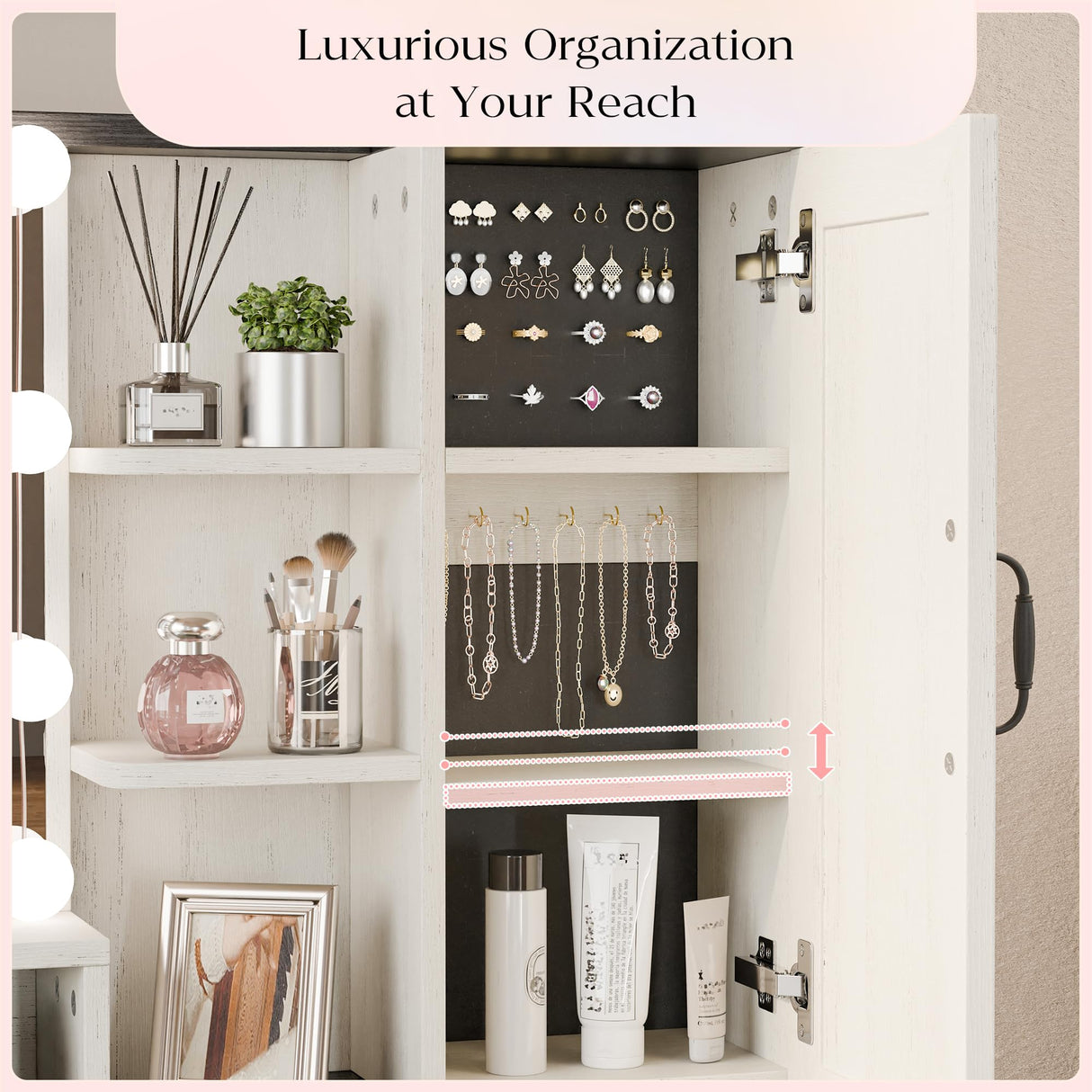 Buytime Farmhouse Makeup Vanity with Charging Station, Vanity Desk with Lights Mirror and Drawers, Glass Top Makeup Vanity with Jewelry Cabinet, Hairdryer Holder and Stool for Bedroom, Off White Buytime