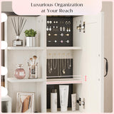 Buytime Farmhouse Makeup Vanity with Charging Station, Vanity Desk with Lights Mirror and Drawers, Glass Top Makeup Vanity with Jewelry Cabinet, Hairdryer Holder and Stool for Bedroom, Off White Buytime