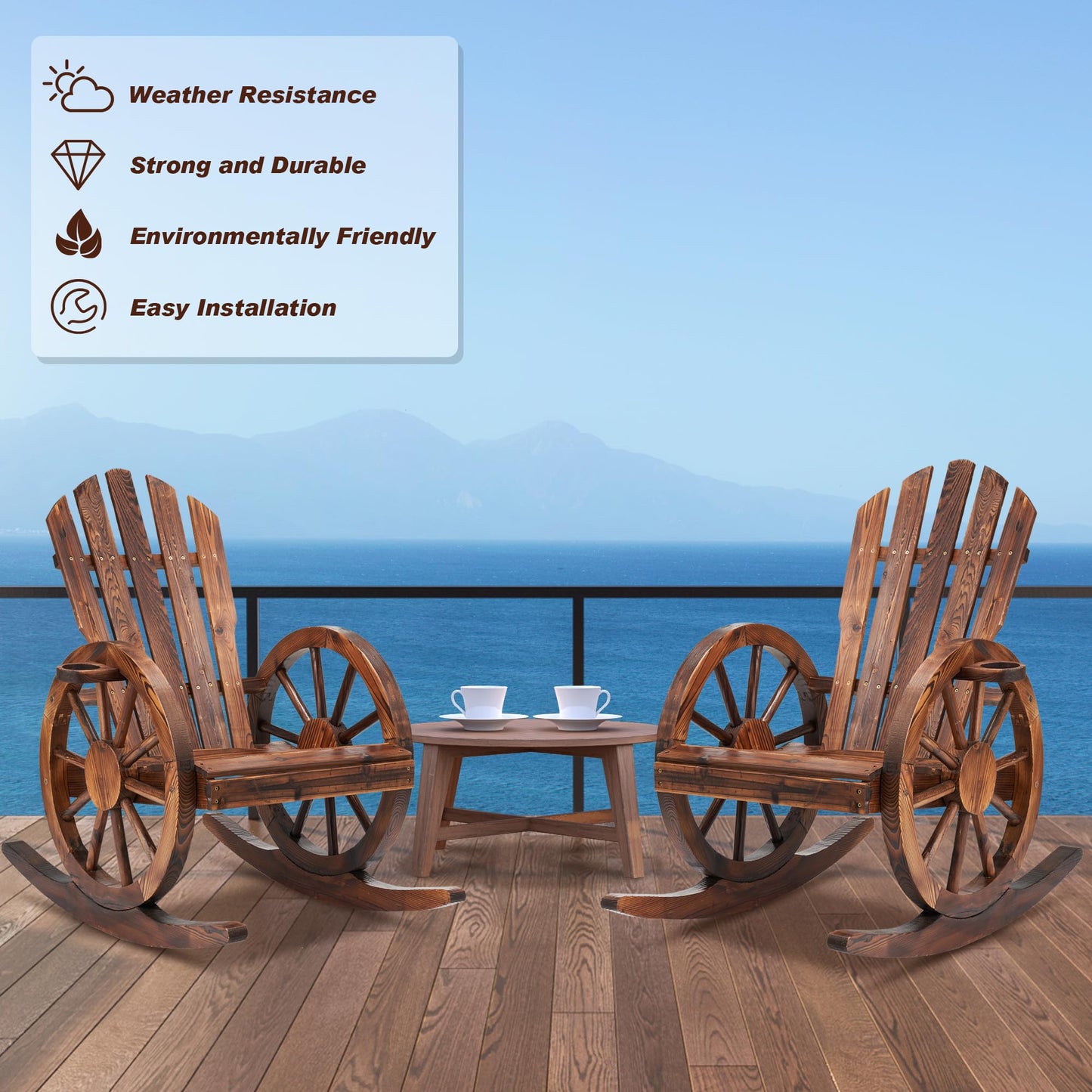 AHB Outdoor Wood Rocking Chair, Wagon Wheel Decor Armrest Yard Glider Rocking Patio Chair with Slatted Design, Adirondack Rocking Chair for Porch Lawn Garden Balcony Poolside, Brown (2 PCS)