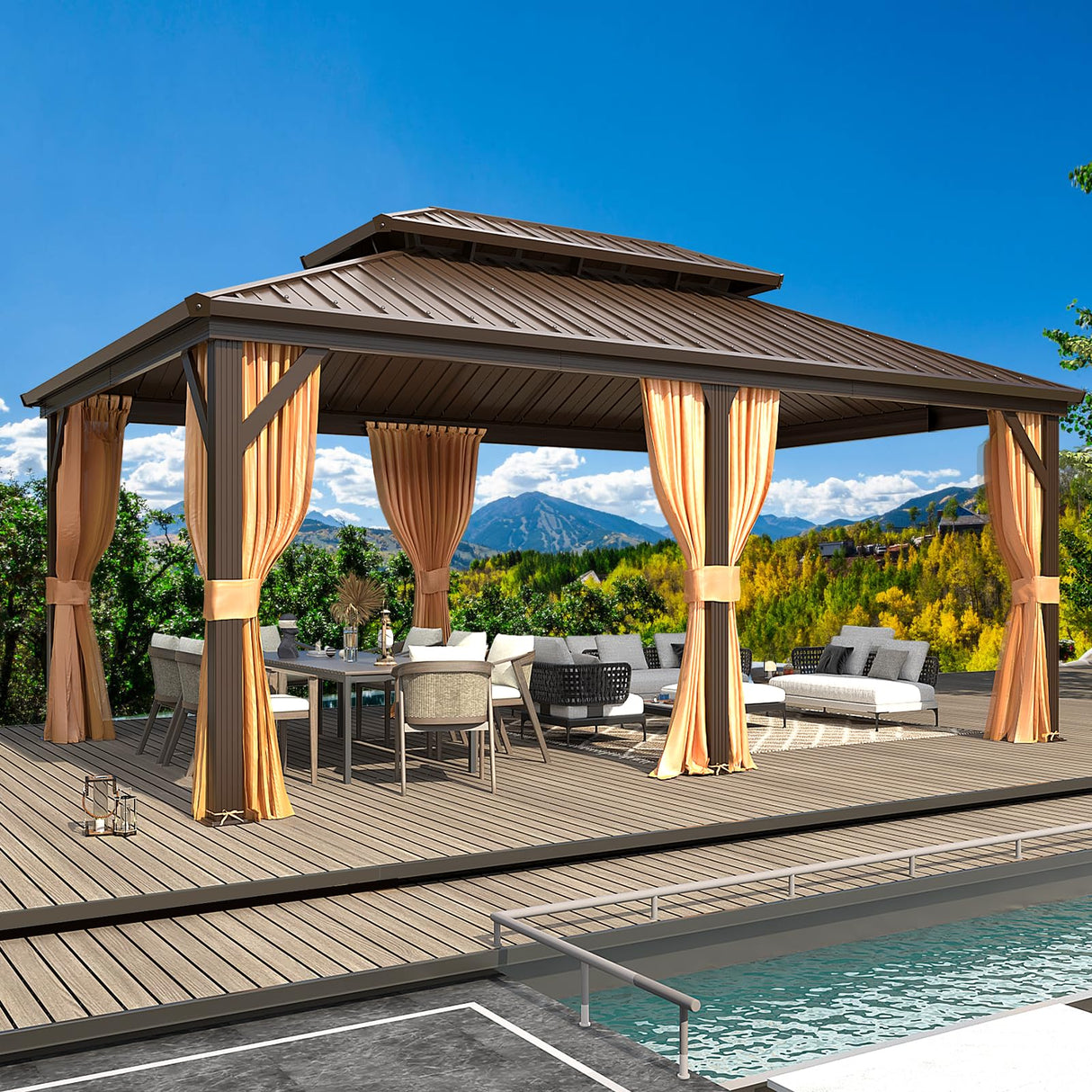 MELLCOM 12'x18' Hardtop Gazebo, Galvanized Steel Metal Double Roof Aluminum Gazebo with Curtain and Netting, Brown Permanent Pavilion Gazebo for Patio, Lawn & Garden MELLCOM