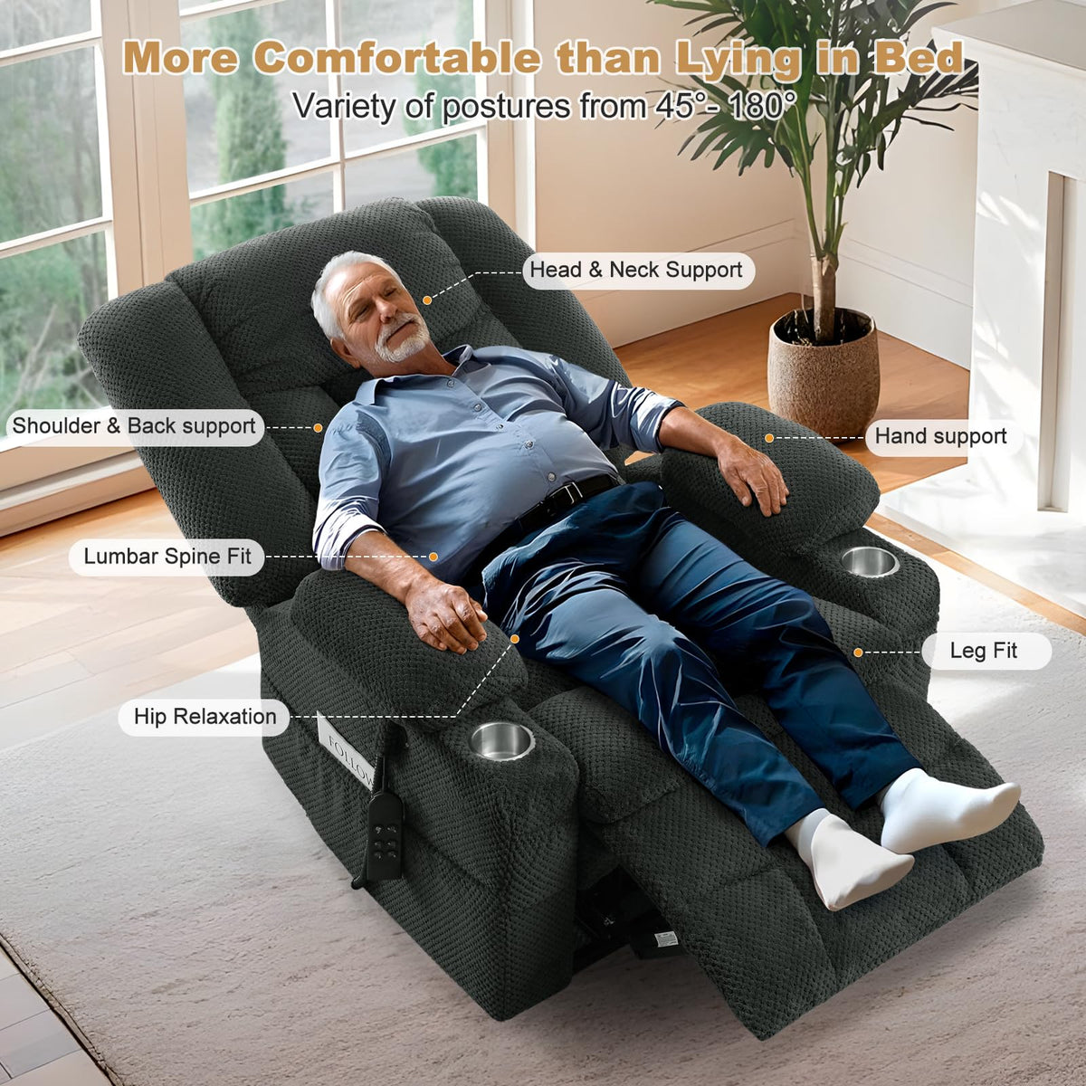 Madaha Electric Power Large Lift Recliner Chair Sofa with Massage and Heat for Elderly, Oversized Lay Flat Dual Motor Infinite Position Recliner Chair, Side Pockets, Cup Holders, USB Ports (Grey) Madaha