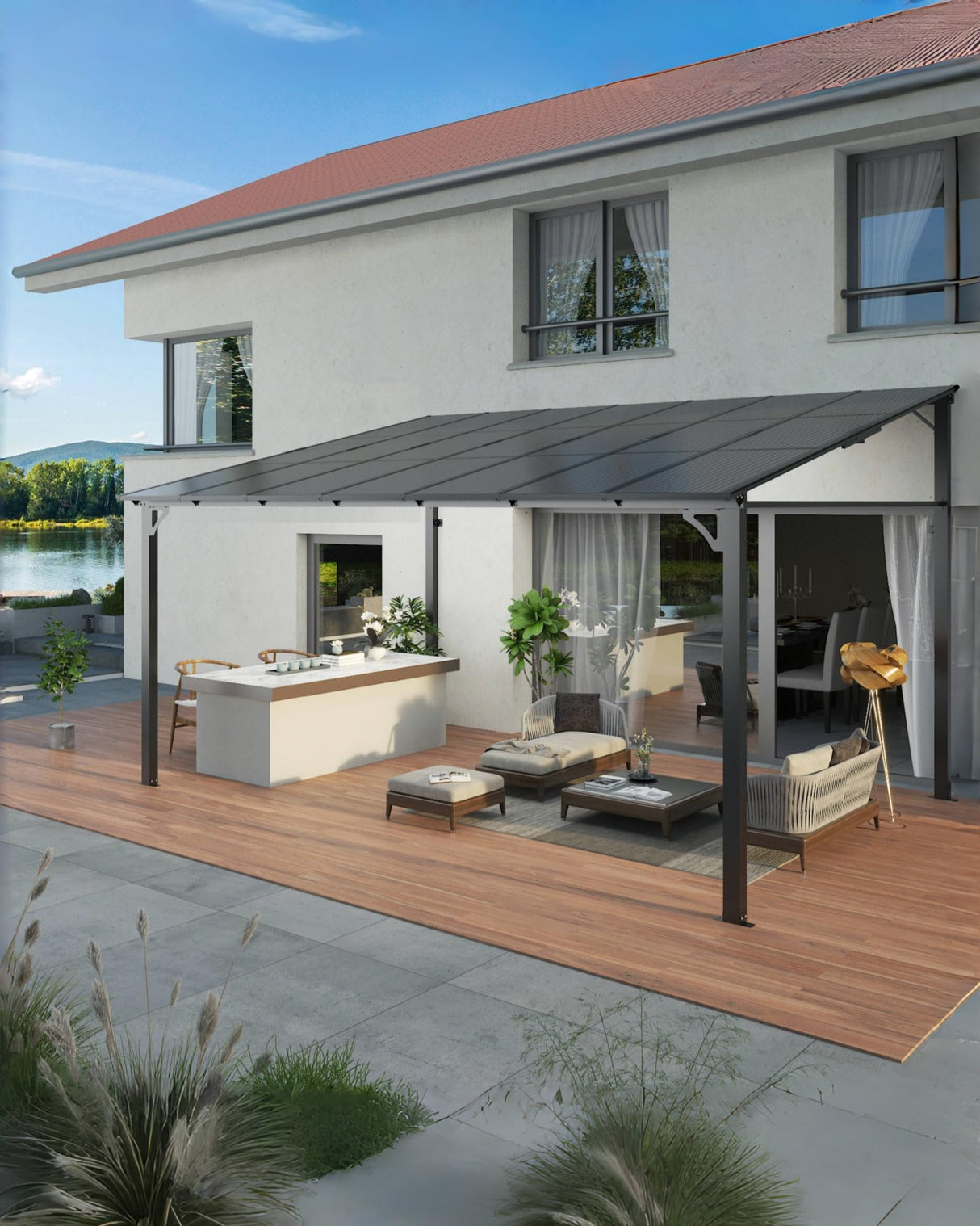 GarveeLife 12' x 16' Lean to Gazebo, Hardtop Wall Pergola with Polycarbonate Roof, Aluminum Frame Mounted Gazebo for Lawn Patio Deck Yard and Party Garveelife