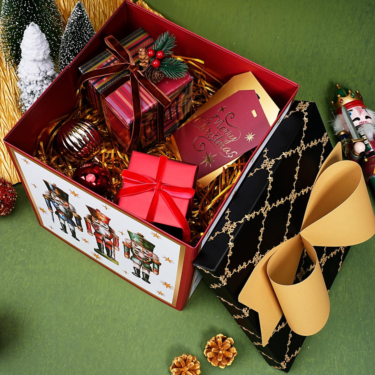 LaRibbons Large Christmas Gift Boxes with Lids, 10x10x10 Inches Nutcracker Design Folding Square Gift Boxes for Christmas Decorative Xmas Present, Red and Black LaRibbons