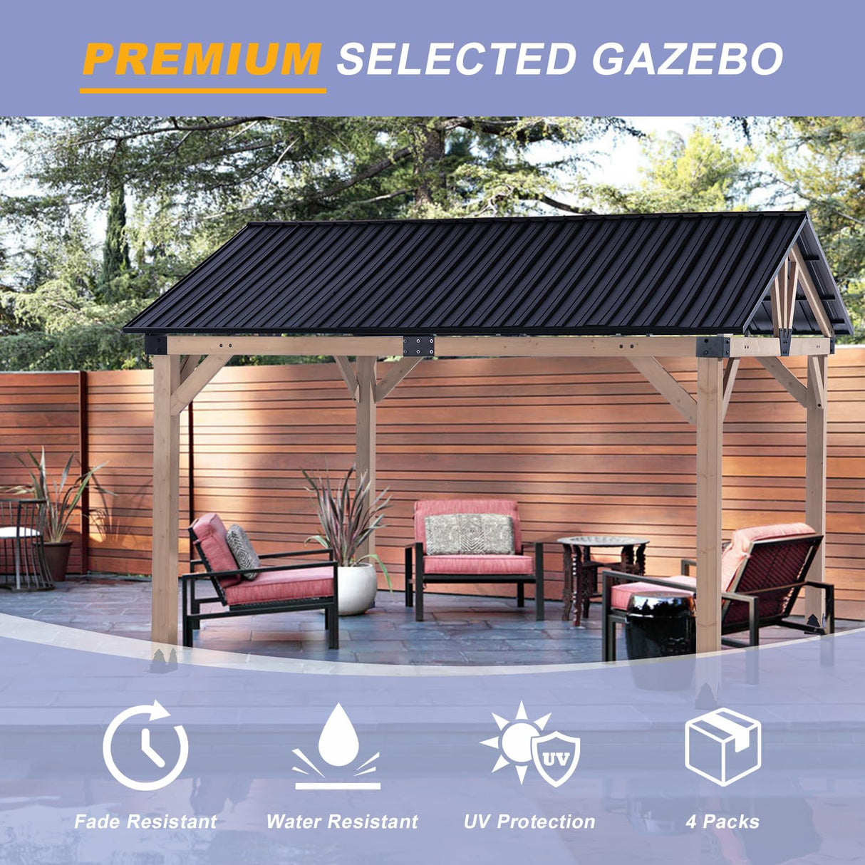 CHARMELEON 10x12 FT Wood Gazebo Outdoor – Hardtop Metal Roof Gazebo with Cedar Frame – Patio Gazebo for Wood Carport Use – Gable Roof Pavilion Gazebo para Patio, Backyard, Deck, Lawn and Garden HEAVDUTY