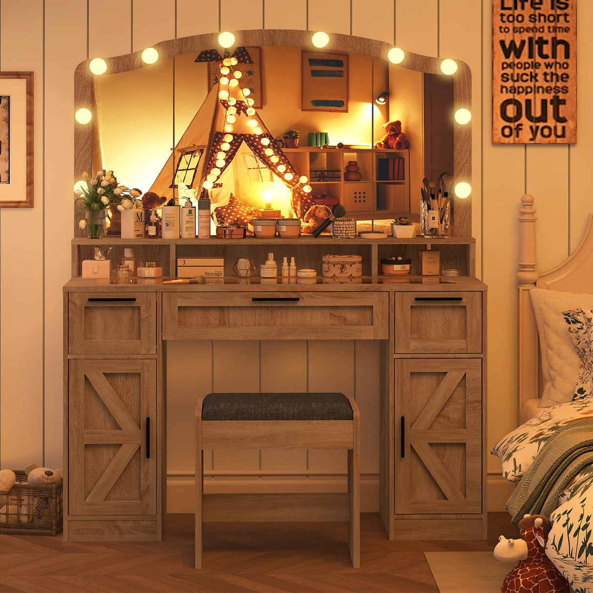 usikey Farmhouse Vanity Desk with Large Lighted Mirror and 10 Lights, 43.3" Glass Tabletop Makeup Vanity with 3 Drawers, Large Vanity Tabel Set with Long Storage Shelf, 2 Cabinets and Stool, Maple usikey