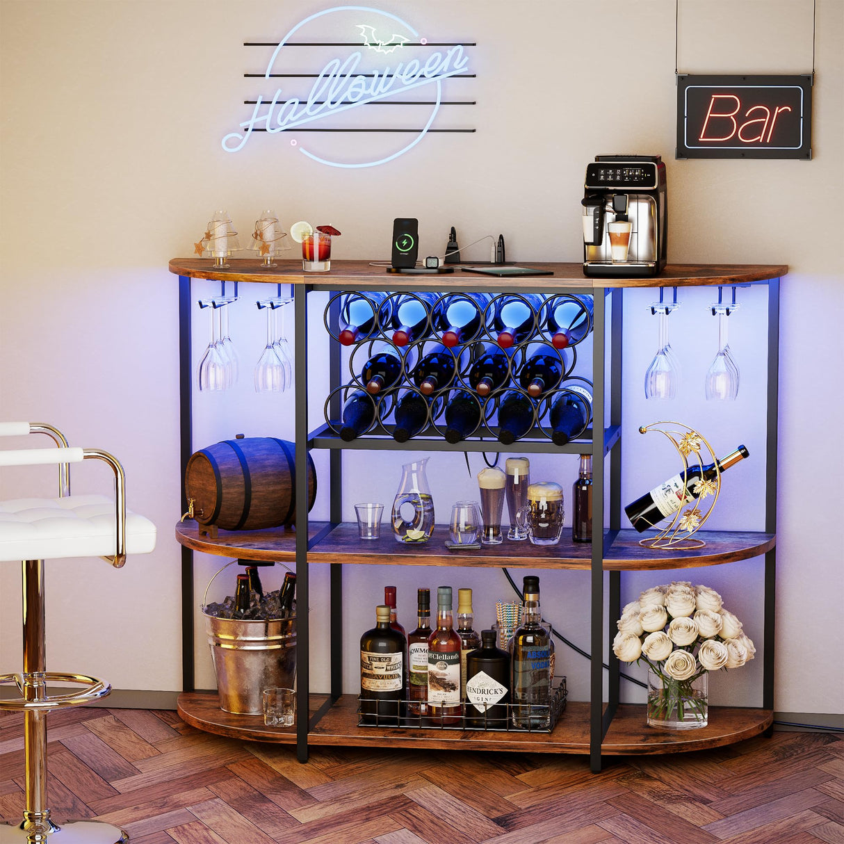 VICTONE Wine Bar Cabinet with LED Lights and Power Outlets, Freestanding Liquor Bar Cabinet Table with Glass Holder Wine Rack Table Mini Bar for Home Kitchen Dining Room VICTONE