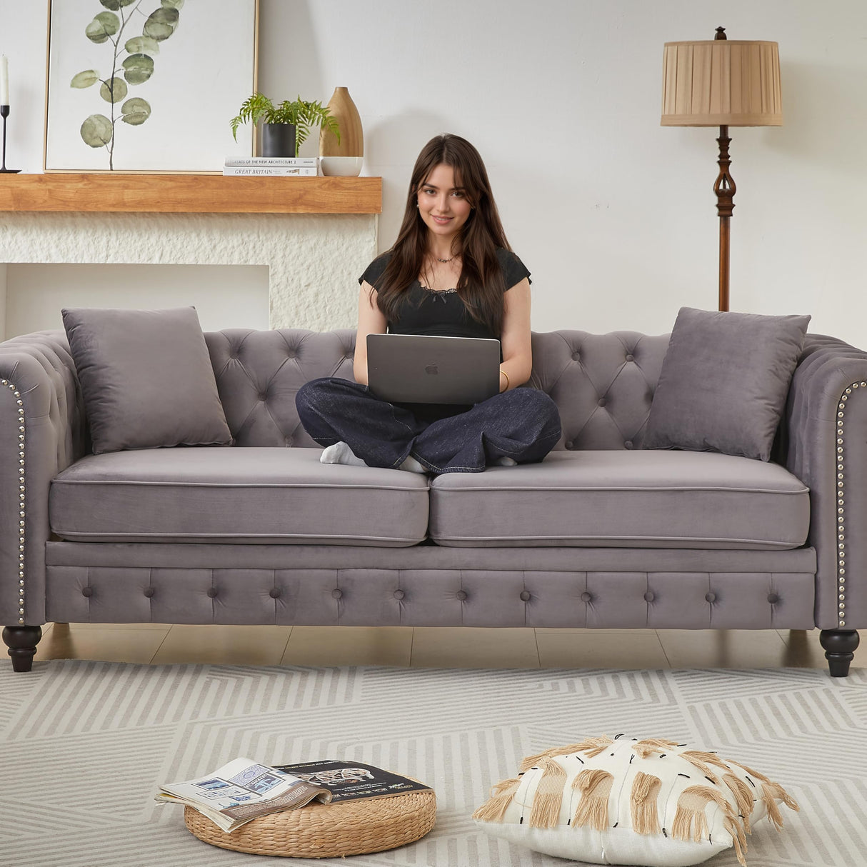 KEIKI 85.5" Chesterfield Sofa, Retro Style Velvet Upholstered 3 Seat Couch, Button Tufted Sofa with Rolled Arm for Living Room, Bedroom Office, Black KEIKI