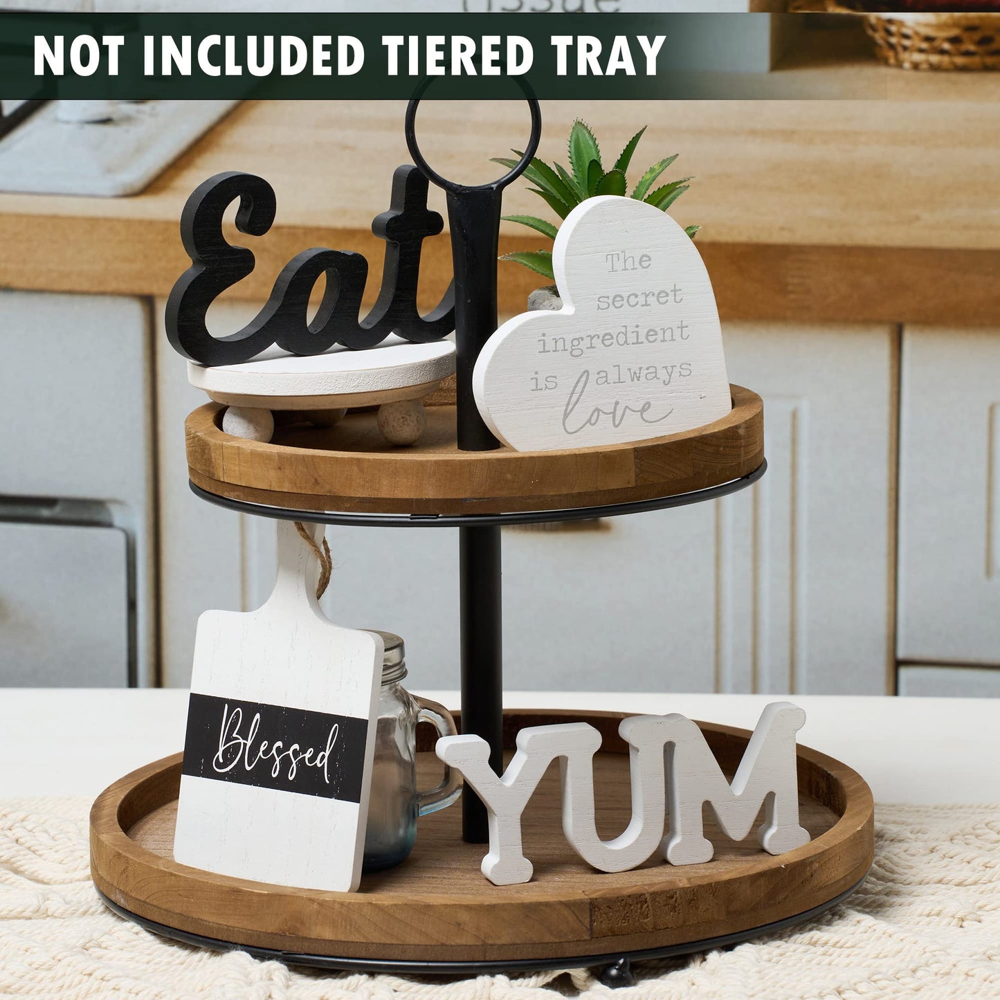 GENMOUS Farmhouse Kitchen Tiered Tray Decor Items Mini Set, Rustic Black and White Kitchen Counter Decor, Two Tiered Tray Kitchen Decor Set for Home Kitchen Dining Room Table Decoration