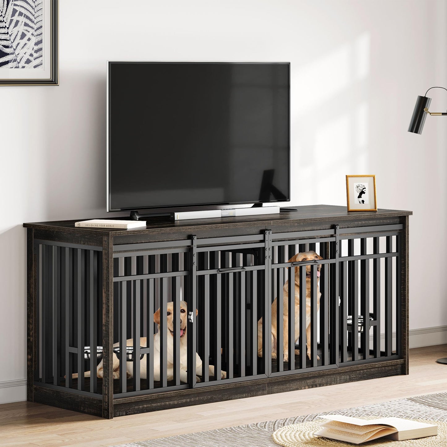 DWVO 71" Double Dog Crate Furniture for 2 Medium Dogs, Heavy Duty Wood Dual Dog Kennel TV Stand with Sliding Doors, Decorative Wooden Two Dog Cage Table with Dog Bowl for Extra Large Dogs Black Oak