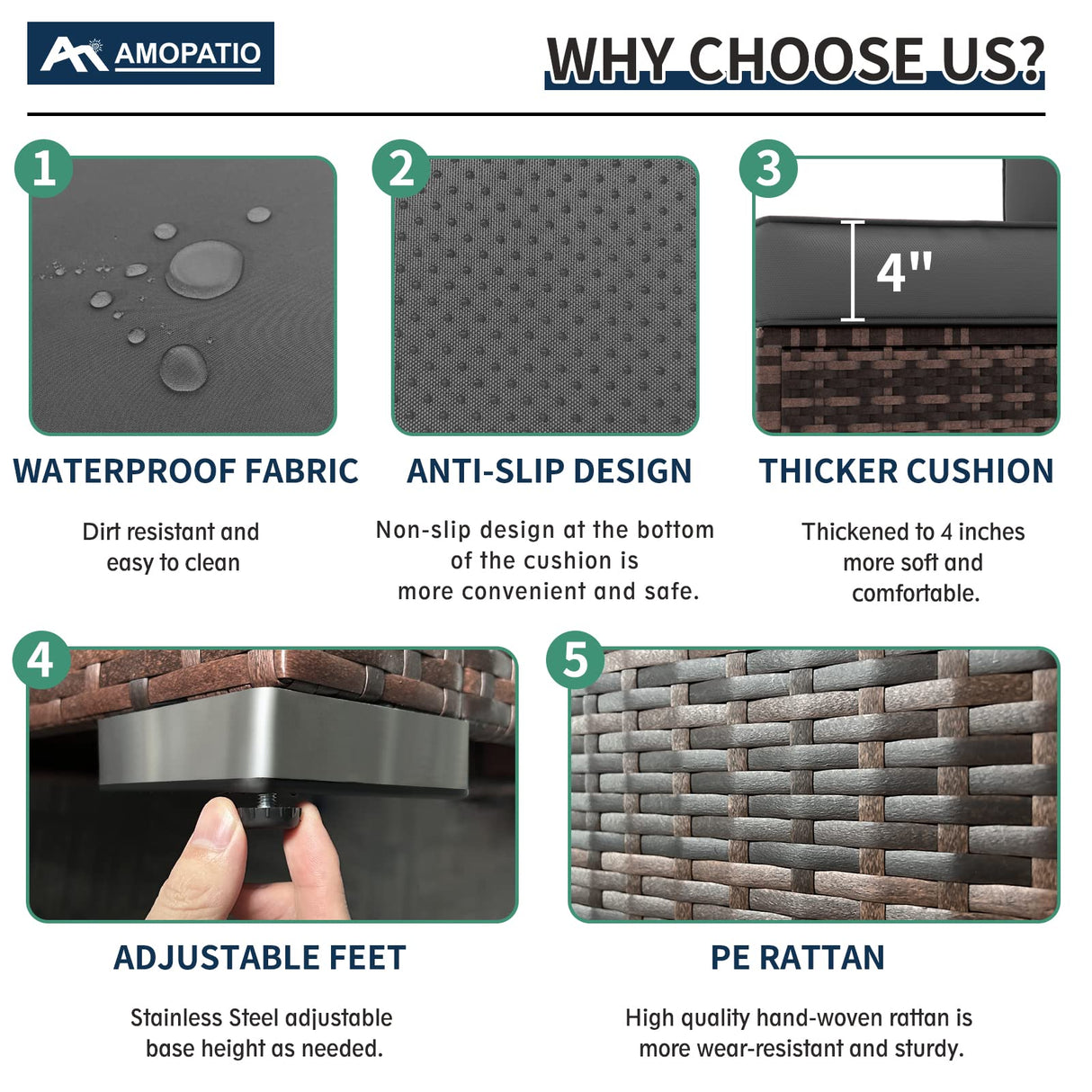 Amopatio Outdoor Patio Couch, Rattan Patio Furniture Set with Non-slip Cushion, 2 Pieces Outdoor Armrest High Back Sectional Sofas Suitable for Terrace, Poolside, Garden, Gery Amopatio