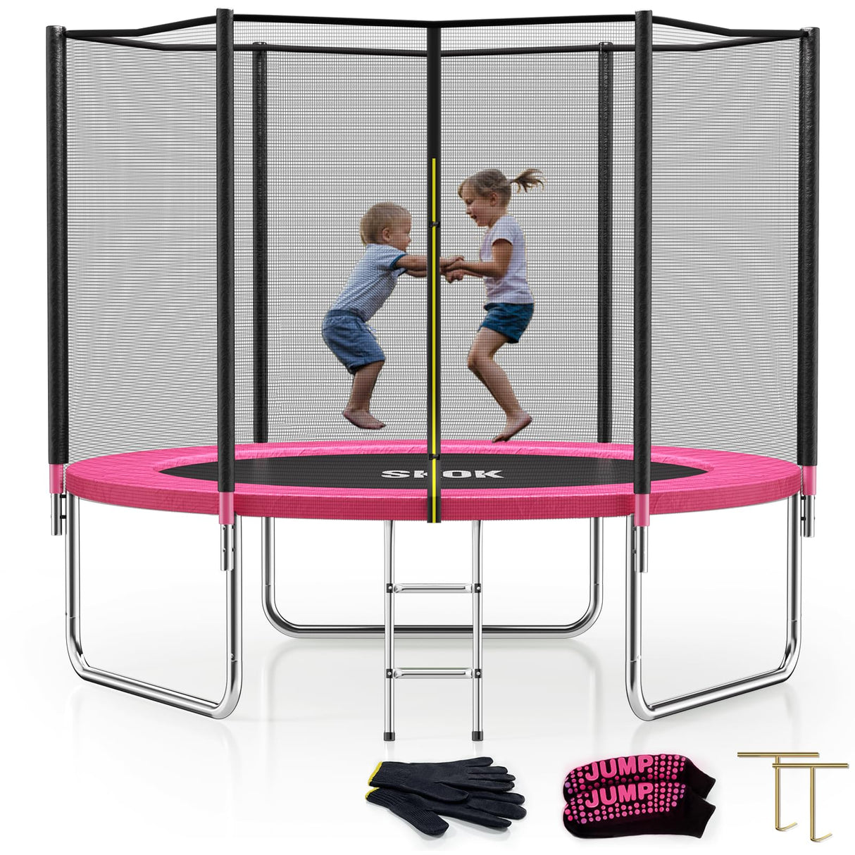 SKOK Trampoline 8FT Trampolines with Enclosure Net, 400LBS Outdoor Trampolines for Kids -ASTM Approved Pink Trampoline for Children and Adults with Jump Mat,Cover & Ladder SKOK