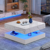 jiteentarou 33.9" LED Coffee Table with Storage, Modern High Glossy Living Room Table w/2 Drawers,Double-Layer Design Large Square Center Table for Living Room, Home, Office, White Marble jiteentarou
