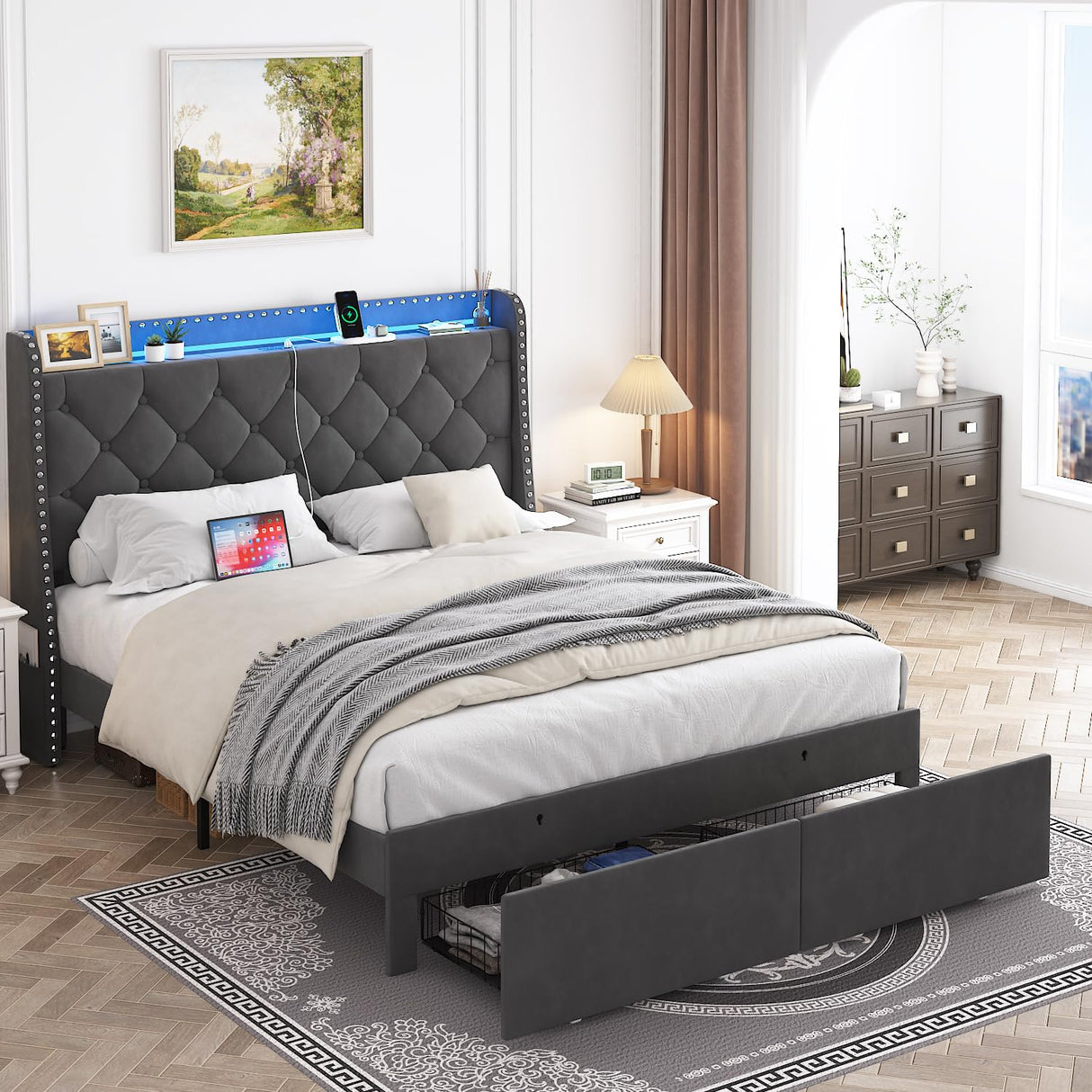 TIGUBFRE Dark Grey Upholstered Full Size Bed Frame with LED Lights and Storage Drawers TIGUBFRE