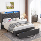 TIGUBFRE Dark Grey Upholstered Full Size Bed Frame with LED Lights and Storage Drawers TIGUBFRE