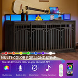 DWVO 71" Double Dog Crate Furniture with LED Light & Power Outlets, Heavy Duty Dual Dog Kennel TV Stand w Storage Shelves Sliding Doors, Wooden Two Dog Cage Table 2 Medium Large Dogs, Black Oak DWVO