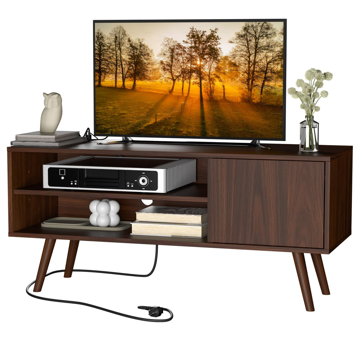 Cozy Castle TV Stand for 48 Inch TV, Mid Century Modern Entertainment Center with Storage Cabinet, TV Media Console for Living Room, Bedroom, Dark Brown Cozy Castle