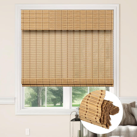 Kokorona Cordless Bamboo Roman Shades with Valance, Light Filtering Bamboo Blinds for Interior Windows, Natural Roll Up Bamboo Shades for Home, Office, Easy Installation, 34" W x 64" H, Natural Kokorona