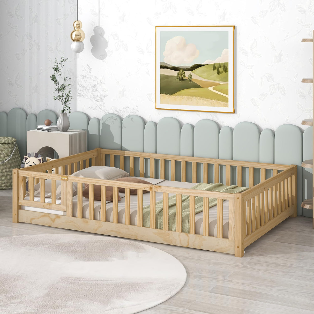 A ALFRESCOOL Full Size Montessori Floor Bed with Safety Fence & Convertible Door, Pine Wood Toddler Floor Bed Frame with Support Slats and Full-Length Guardrails for Kids Girls Boys (Natural) A ALFRESCOOL