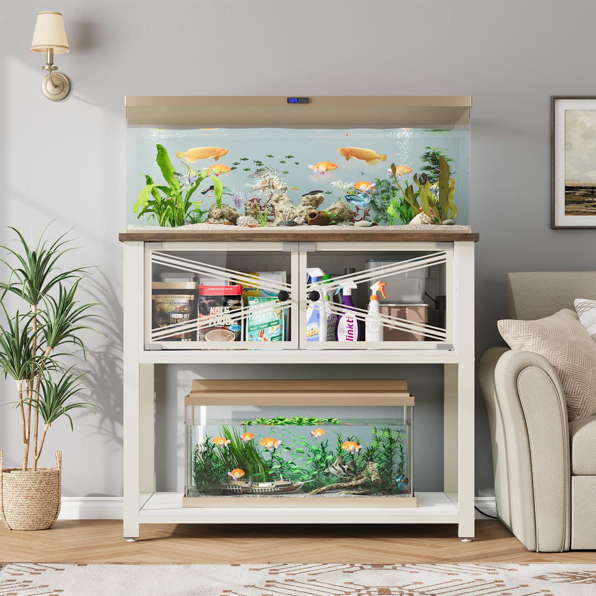 Rresyet 40-50 Gallon Aquarium Stand with Heavy Duty Metal Frame, Fish Tank Stand with Power Outlets, Two Glasses Door Storage Cabinet, Suitable for Turtle Tank, Reptile Tank, White+Brown Rresyet