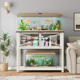 Rresyet 40-50 Gallon Aquarium Stand with Heavy Duty Metal Frame, Fish Tank Stand with Power Outlets, Two Glasses Door Storage Cabinet, Suitable for Turtle Tank, Reptile Tank, White+Brown Rresyet