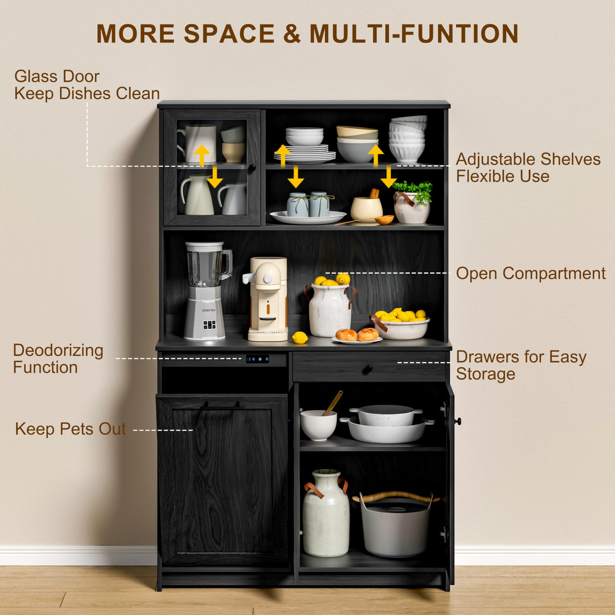 UpWiew Tilt Out Cabinet with Deodorising Function, Freestanding Kitchen Pantry Fits 10-Gallon Trash Can, Kitchen Hutch Cabinet with Microwave Shelf, Tall Storage Cabinet, Black UpWiew