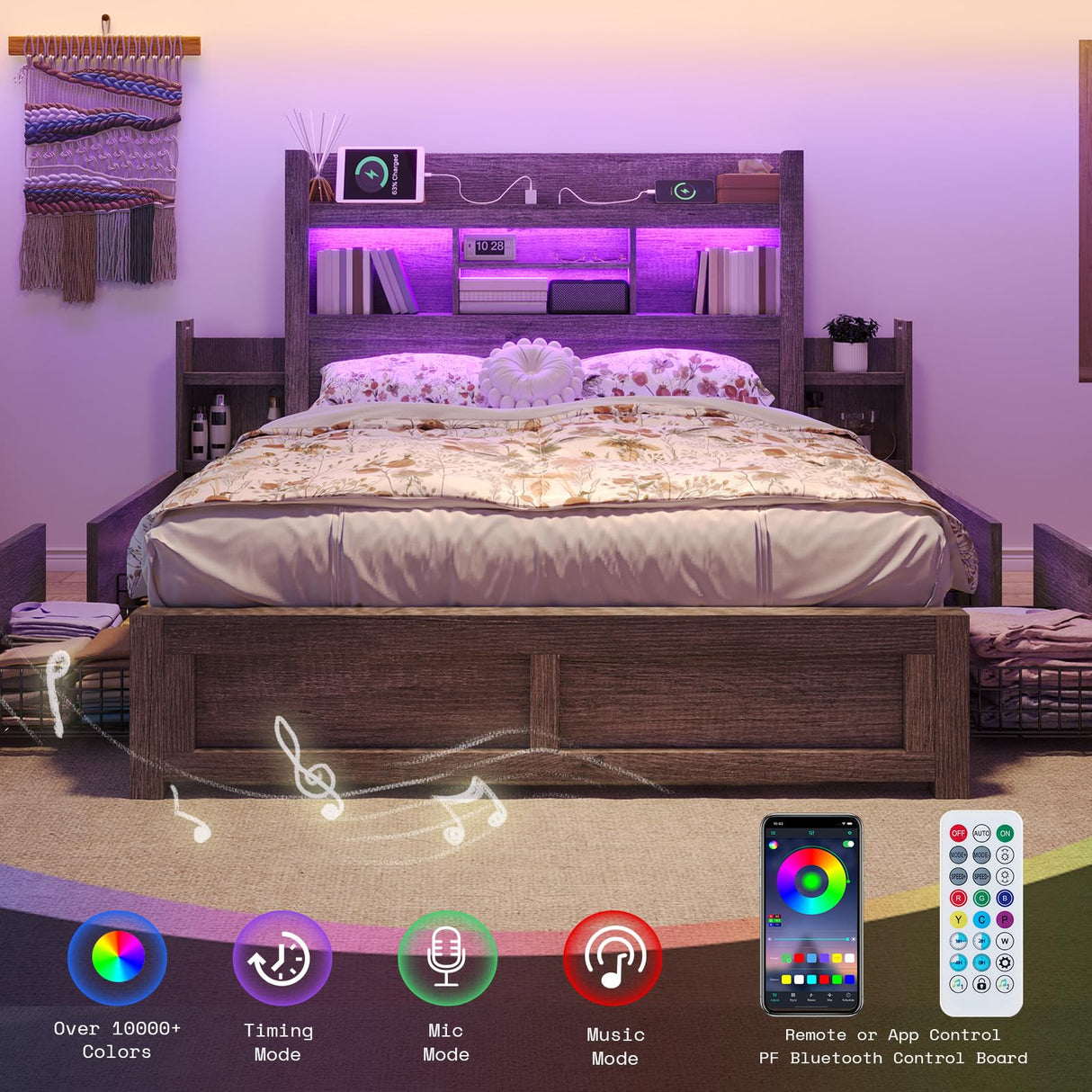 LUXOAK Queen Bed Frame with 49.6" Bookcase Headboard & 4 Drawers & 2 Detachable Bedside Stoage Racks, Farmhouse Wood Bed Frame with RGB LED & Charging Station, No Box Spring Needed, Grey LUXOAK