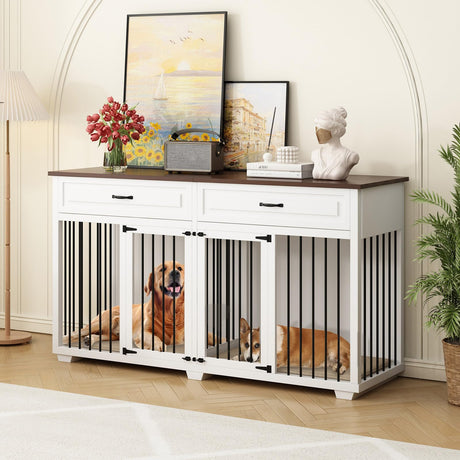 DAWNSPACES Dog Crate Furniture, 72 Inch Heavy Duty Wooden Large Dog Kennel with Drawers & Divider, Indoor Furniture Style Dog Crate with Double Rooms for Large Medium Small Dogs, White DAWNSPACES