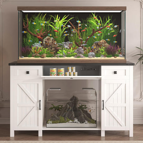 Saudism 55-75 Gallon Aquarium Stand With Charging Station, Farmhouse Fish Tank Stand, Reptile Tank Stand Terrarium Stand with Drawer and Cabinet Storage, Sturdy Heavy Duty 53.5"×19.7" Tabletop - White Saudism