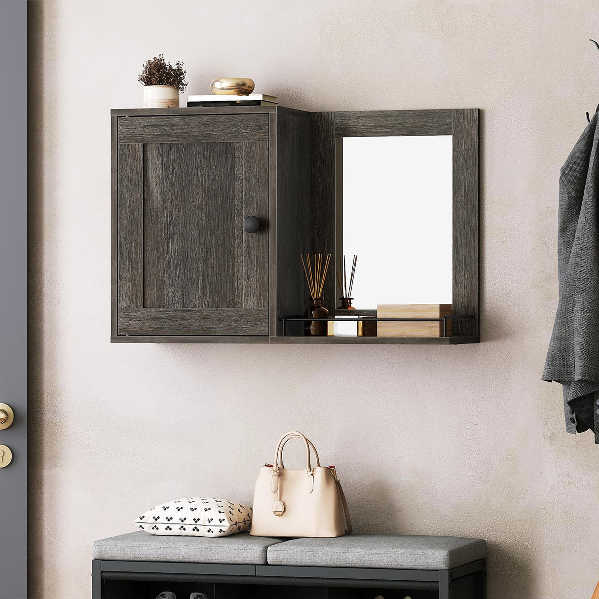 YATINEY Bathroom Medicine Cabinet with Mirror, Wall Mounted Home Storage, Medicine Cabinet Mirror, Bathroom Wall Cabinet, Adjustable Shelf, for Laundry Room, Bedroom, Camper, Hallway, Smoky Oak YATINEY