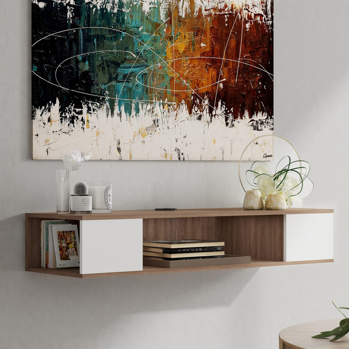 FITUEYES White Floating TV Stand Shelf, Wall Mounted Entertainment Center Media Console Wood Wall Storage Cabinet Under TV, White&Oak FITUEYES