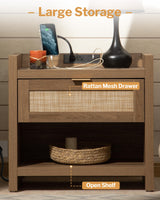 SICOTAS Night Stand Set of 2 Nightstands - Rattan Bed Side Table with Type-C Charging Station, Drawer Storage End Table - Boho Bedside Stand Night Stands for Bedroom - Natural Oak SICOTAS