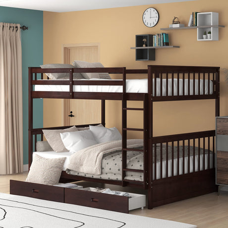 Harper & Bright Designs Full Over Full Bunk Bed with 2 Drawers, Solid Wood Platform Bed with Ladder, Full Length Guardrail and Headboard, No Spring Box Needed, Espresso Harper & Bright Designs