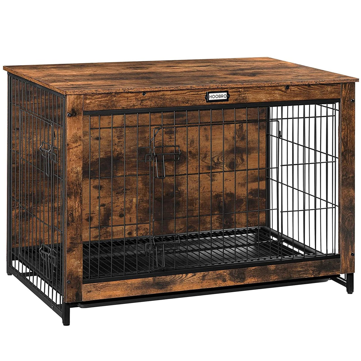 HOOBRO Dog Crate Furniture, Large Dog Kennel Indoor, 38.6" Wooden Pet Furniture with Pull-Out Tray, Double Door Modern Side End Table for HOOBRO