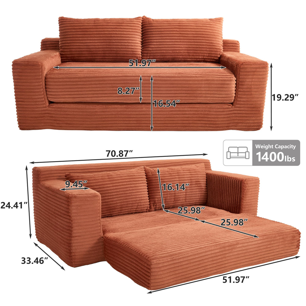 KIVENJAJA 70.87" Boneless Loveseat Sofa, Modern 2-in-1 Convertible Sleeper Sofa, Comfy Cloud Loveseat Couch, Corduroy Small Boneless Couches for Living Room Small Space, Bedroom, Orange KIVENJAJA