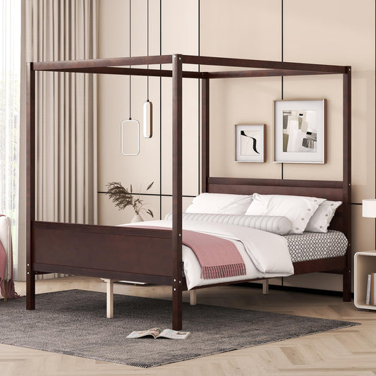 WOODRK Queen Size Canopy Platform Bed Frame with Headboard and Footboard, Wood Slat Support Leg, Modern Design Platform Beds with 4 Canopy Columns, for Bedroom, No Box Spring Needed, Espresso