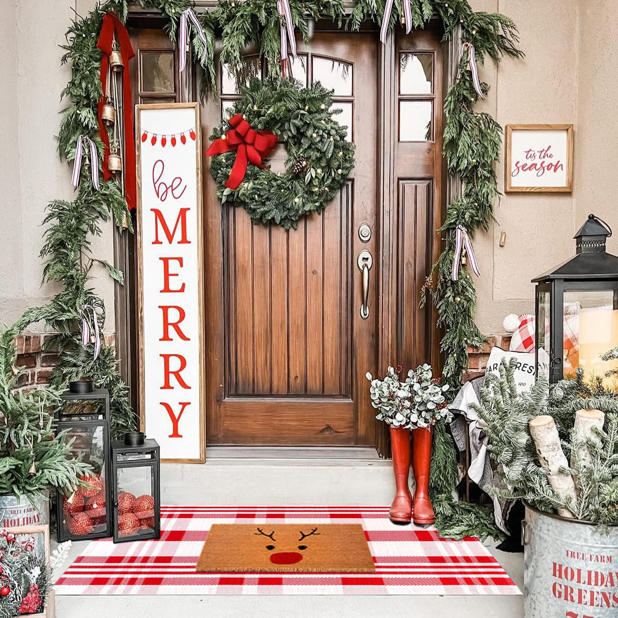 Fallovea Christmas Rugs Red and White Plaid, 28 x 43 Inches Area Rug Outdoor Indoor Front Porch Doormat Cotton Hand-Woven Layered Door Mats for Entryway Patio Entryway Laundry Bedroom Living Room Fallovea