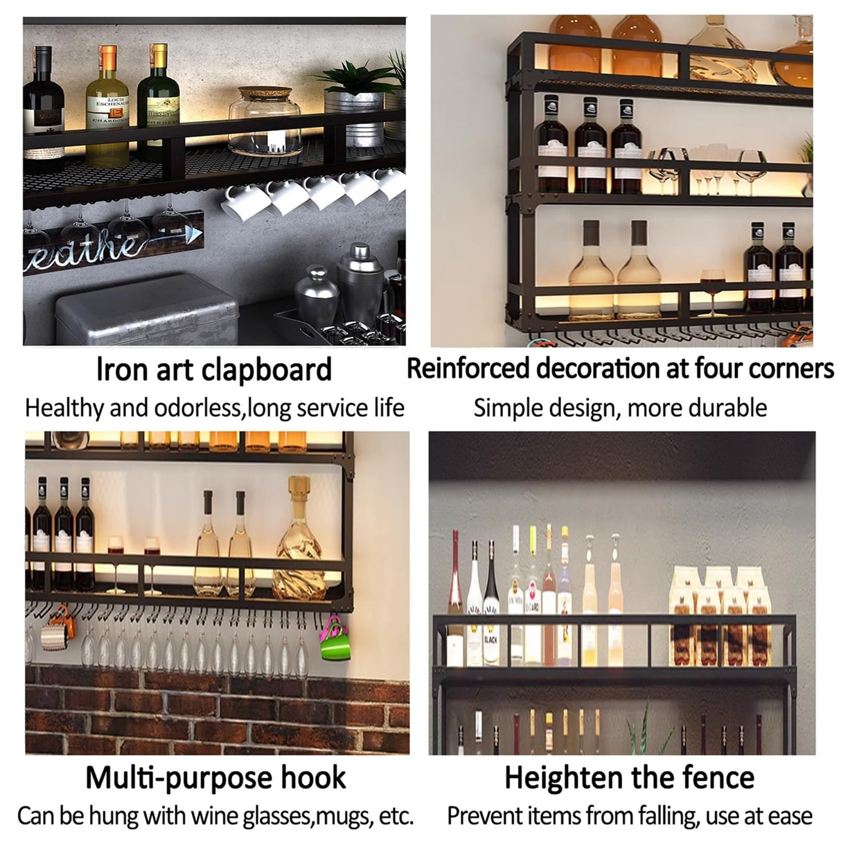 Modern Wine Rack Wall Mounted With Glass Holder,3-Tier Bar Liquor Shelf,Black,Metal Large Capacity Hanging Wine Storage Racks,Iron Floating Bar Shelves For Liquor Bottles,For Kitchen Dining Room AKOGG