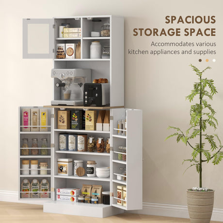 HOMCOM 66.5" Pantry Cabinet with Microwave Stand, Freestanding Kitchen Storage Cabinet with Hutch, 8 Door Shelves, Adjustable Shelves, Food Pantry Cabinet for Dining Room, White HOMCOM