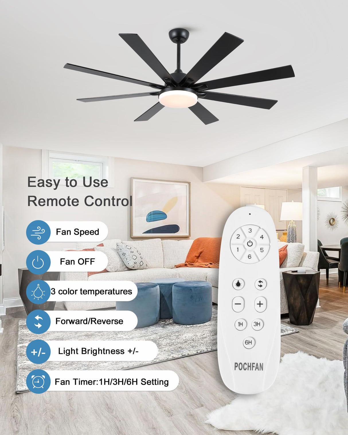 POCHFAN 62 inch Ceiling Fans with Lights and Remote Control, Large Black Ceiling fan with 8 Wooden Blades for Living Room Bedroom Patio, Quiet DC Motor, 3-CCT Dimmable,6 Speed POCHFAN