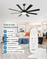 POCHFAN 62 inch Ceiling Fans with Lights and Remote Control, Large Black Ceiling fan with 8 Wooden Blades for Living Room Bedroom Patio, Quiet DC Motor, 3-CCT Dimmable,6 Speed POCHFAN