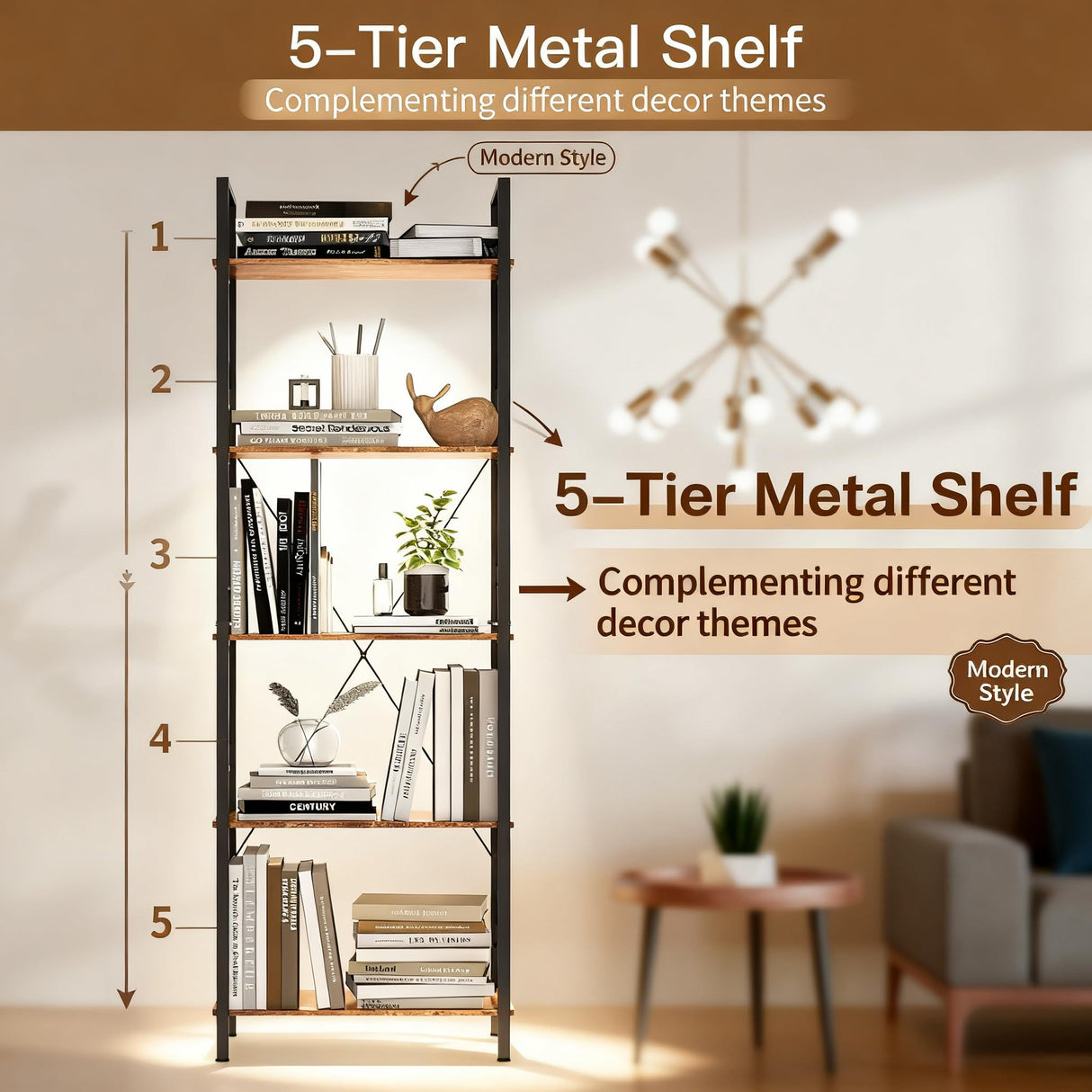 72"H 5-Tier Bookshelf: MDF Wood & Steel Shelves with 500lbs,Tall Narrow Adjustable-Shelf Bookcase.Bookshelves Storage Organizer, Industrial Display Standing Shelf Unit for Living Room/bedroom/Office FREGREE