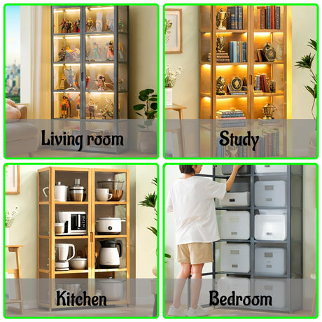 NENAGGE Curio Display Cabinet with Acrylic Doors for Collectibles Small Curio Cabinet 4 Tier 3 Tier Figures Display Case Toys Display Shelves Vitrina Storage Cabinet,Brown,4 Tier_Double Door NENAGGE