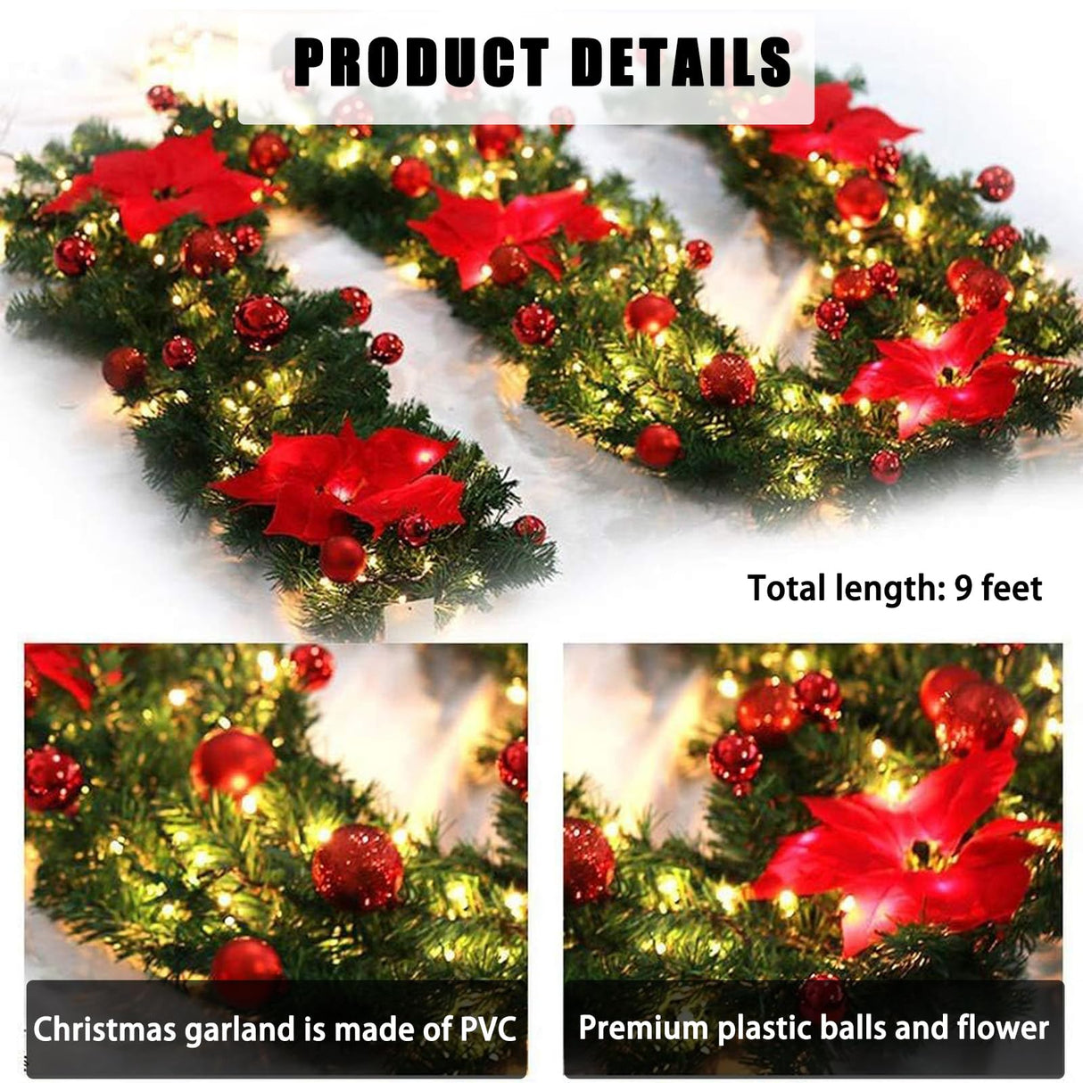 HIIXHC Christmas Illuminate Garland, 9 ft Rattan Artificial Flower Vine Plants Outdoor Decorations, Pre-Lit Battery Operated (Battery Not Included) HIIXHC