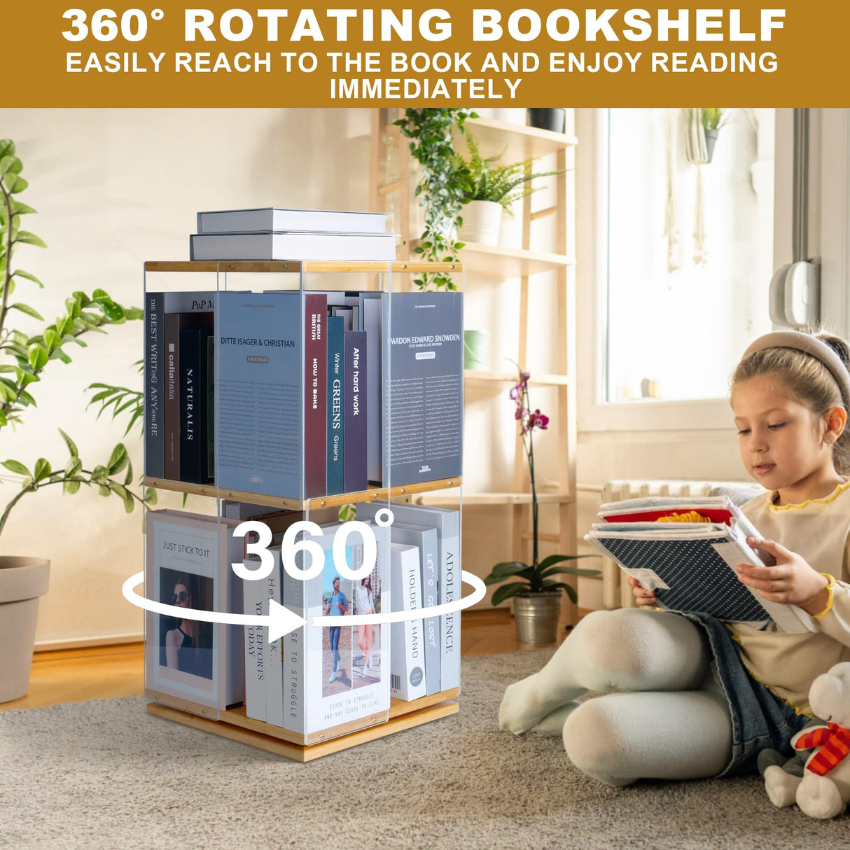 Qriocioa 360° Rotating Acrylic Bookshelf - Stylish 2-Tier Corner Storage Rack for Home and Playroom Qriocioa