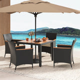 Tangkula 5 Pieces Patio Dining Table Set for 4, Rattan Conversation Set with Umbrella Hole, Seat Cushions & Acacia Wood Tabletop, Outdoor Dining Table with 4 Chairs for Backyard, Poolside & Deck Tangkula