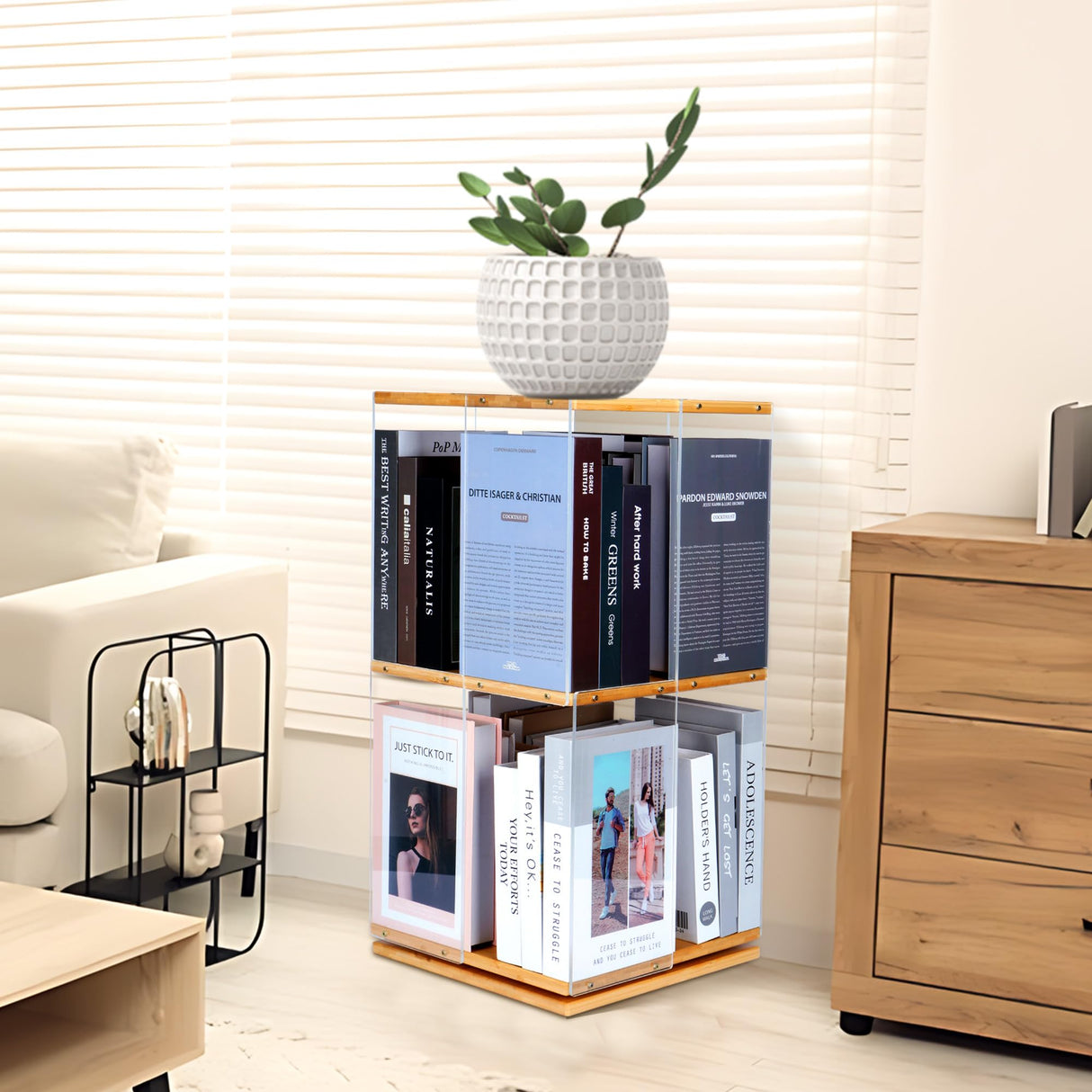 Qriocioa 360° Rotating Acrylic Bookshelf - Stylish 2-Tier Corner Storage Rack for Home and Playroom Qriocioa