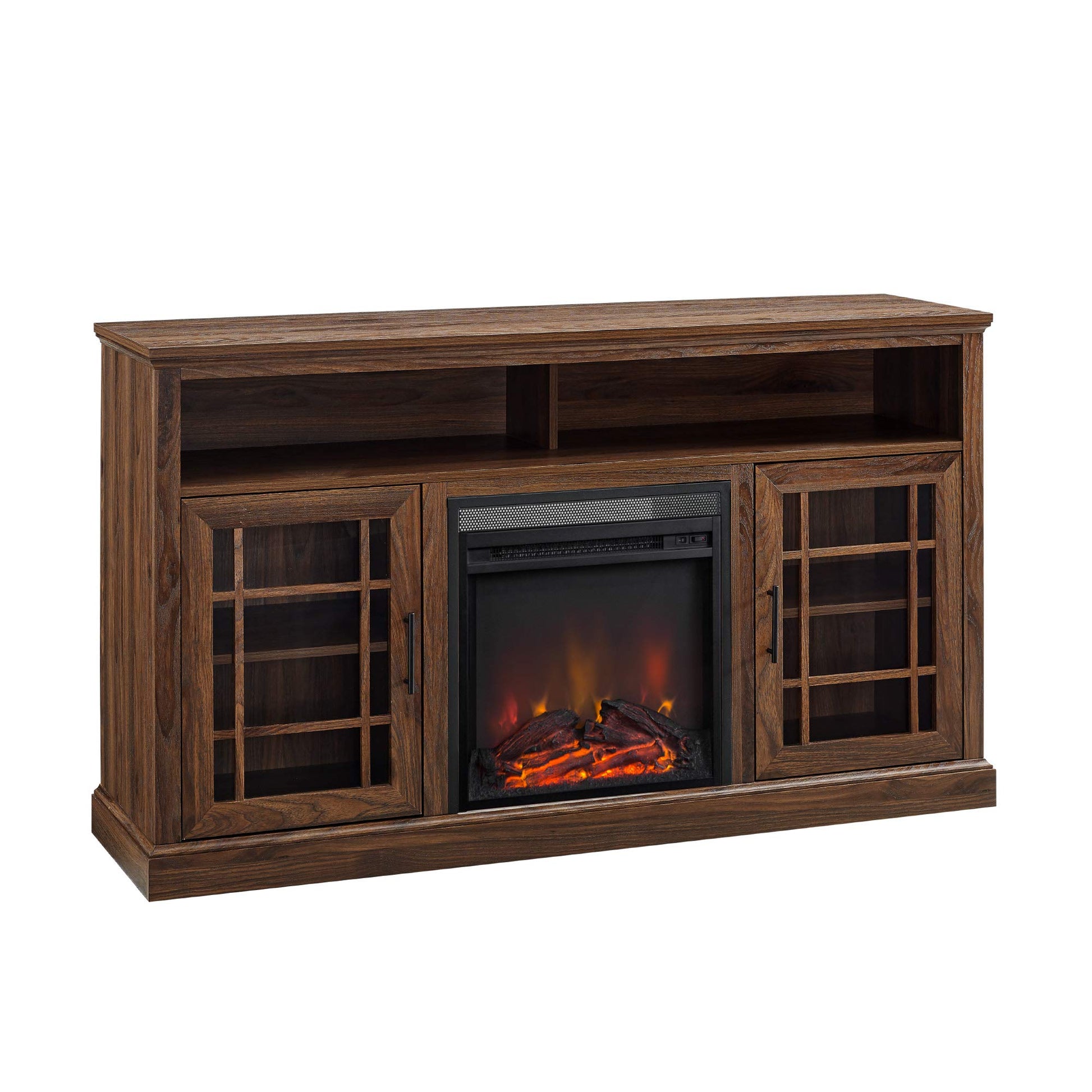 Walker Edison Hoxton Classic 2 Glass Door Fireplace Stand for TVs up to 65 Inches, 58 Inch, Dark Walnut - WoodArtSupply