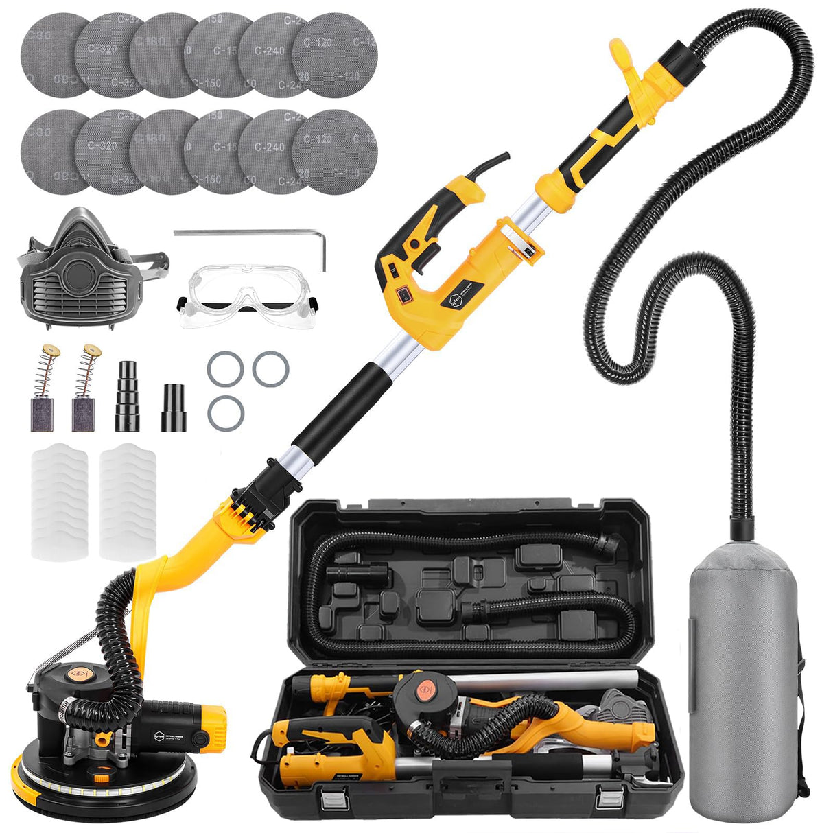 Gyfent Drywall Sander, 880W 7.3-Amp Popcorn Ceiling Removal Tool with 1100-2100RPM 5 Variable Speed 12pcs Sanding Discs Electric Drywall Sander with Vacuum Dust Collector LED Light for Ceiling Sanding Gyfent