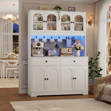 HIFIT 71" LED Kitchen Pantry Cabinet with Power Outlet, Large Kitchen Hutch Storage Cabinet with Arched Door & Shelves & 2 Drawers, Tall Modern Coffee Bar with Hutch for Home Dining Living Room, White HIFIT