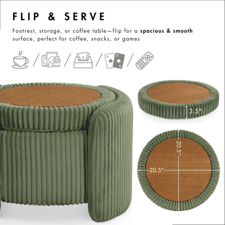 Furniture of America Lennox Modern Chenille 25-inch Round Storage Ottoman with Reversible Flip Top, Upholstered Footstool for Living Room, Bedroom, Entryway, Green Furniture of America